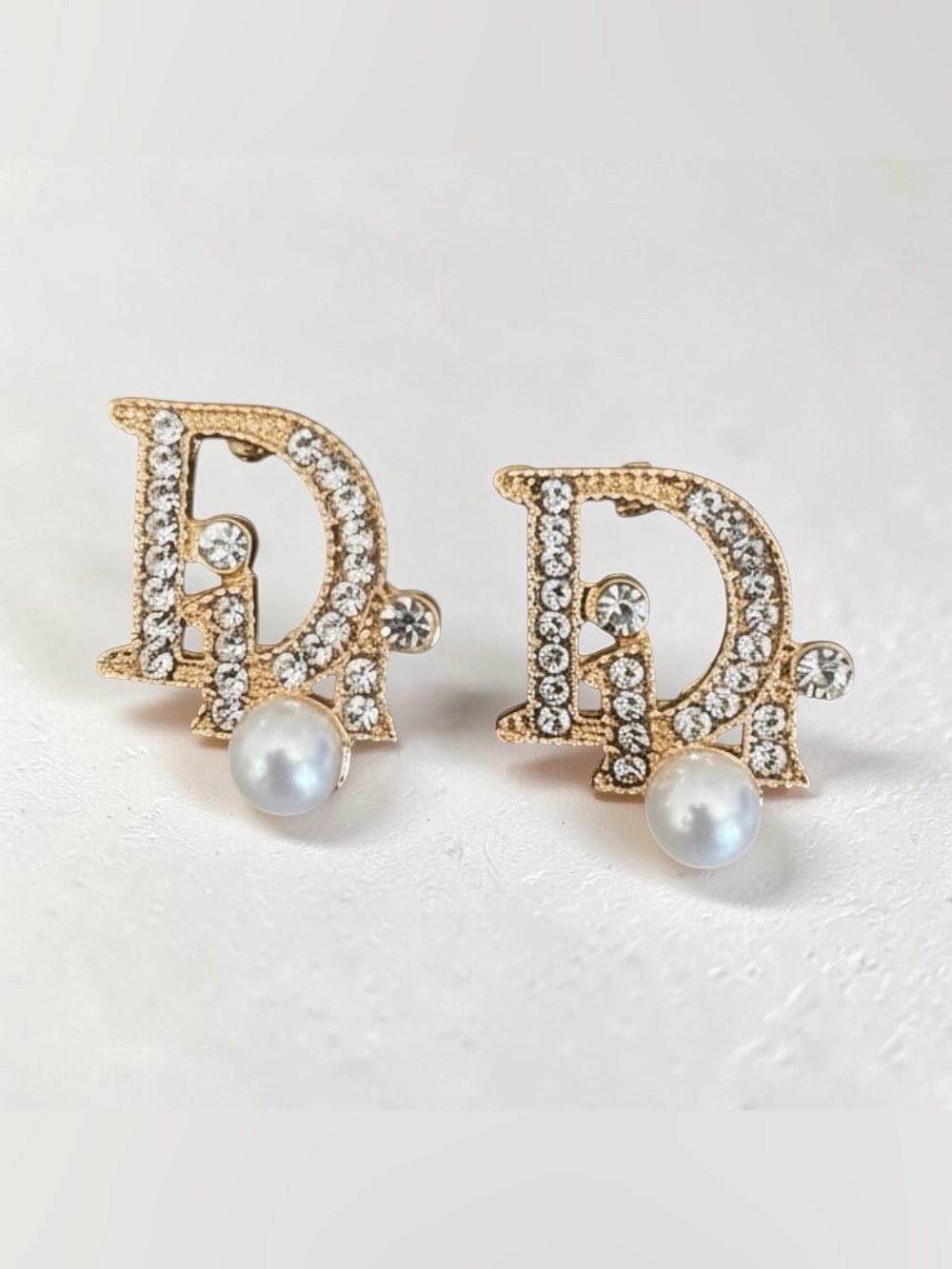 Gold Crystal 'D' Pearl Stud Earrings